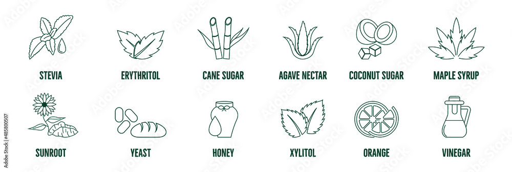 Icon set elements, badges, and alternative sweeteners. Natural substitutes: stevia, honey, xylitol, coconut cane sugar, sunroot, erythritol, agave nectar, maple syrup, yeast, orange, vinegar Icon set elements, badges, and alternative sweeteners. Natural substitutes: stevia, honey, xylitol, coconut cane sugar, sunroot, erythritol, agave nectar, maple syrup, yeast, orange, vinegar