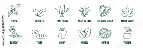 Icon set elements, badges, and alternative sweeteners. Natural substitutes: stevia, honey, xylitol, coconut cane sugar, sunroot, erythritol, agave nectar, maple syrup, yeast, orange, vinegar
