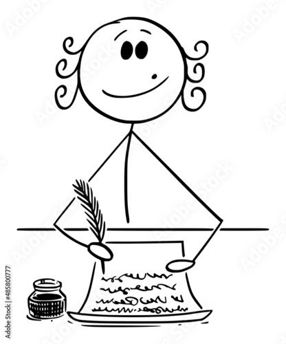 18th Century or Baroque Poet or Writer Writing with Ink and Quill, Vector Cartoon Stick Figure Illustration