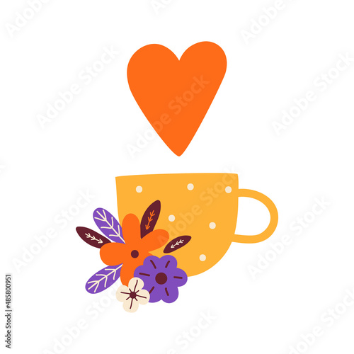 Happy Valentines day greeting card. Love potion. Mug with tea or coffee. Be my Valentine. Cup with red heart and flowers. Romantic breakfast. Cappuccino. Hand drawn illustration in Scandinavian style.