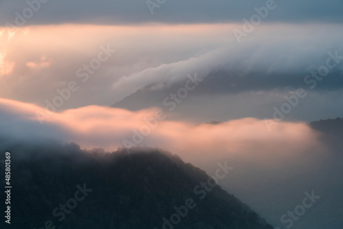 Top of Sibayak Volcano at sunrise, Berastagi (Brastagi), North Sumatra, Indonesia, Asia, background with copy space