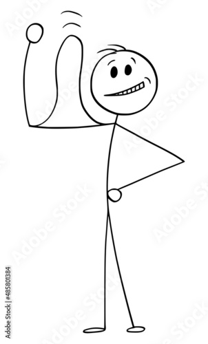 Strong Muscular Person Showing Biceps, Vector Cartoon Stick Figure Illustration