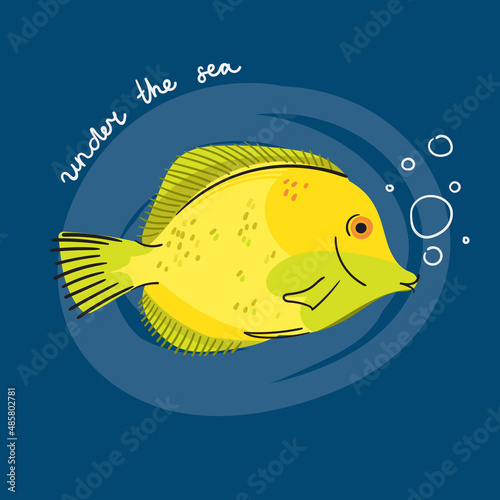 Baby print with fish. Hand drawn yellow t graphic for poster, card, label, flyer, page, banner, baby wear, nursery. Scandinavian style. With quote Under the sea Vector illustration in blue and yellow.