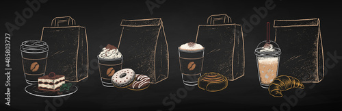Chalk drawn to go Coffee cups and sweet food