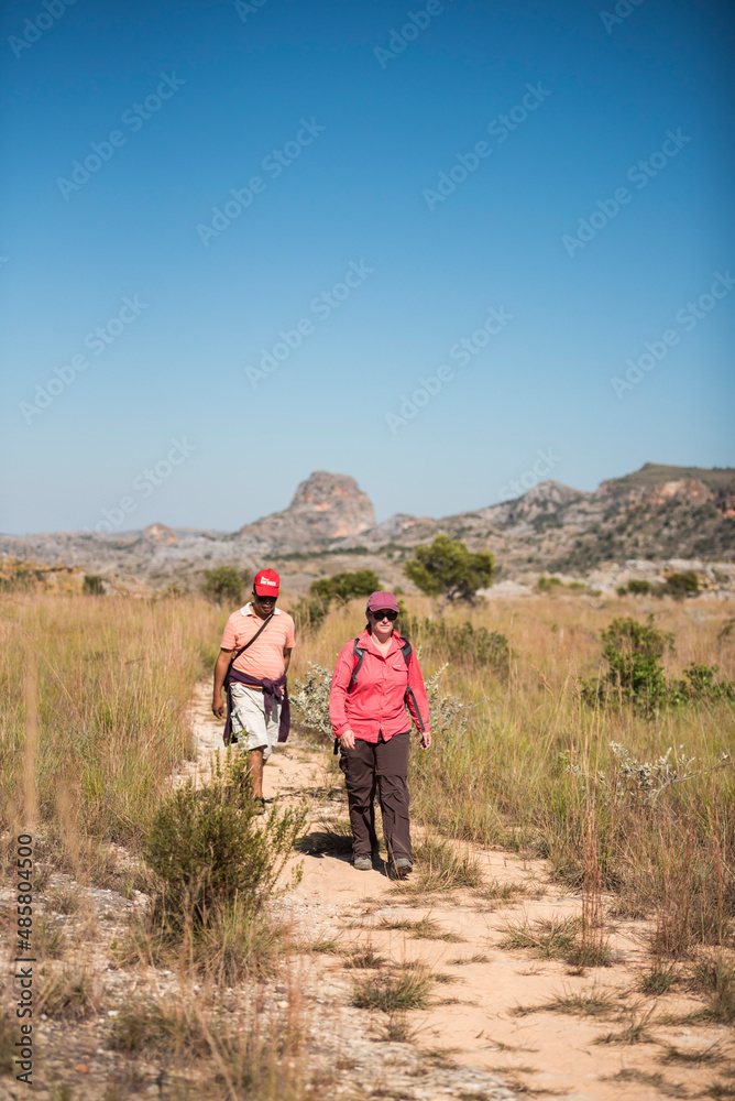 Tourists hiking in Isalo National Park, Ihorombe Region, Southwest Madagascar