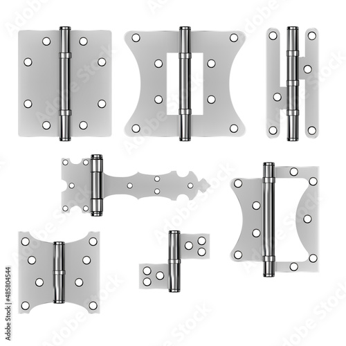 Realistic Detailed 3d Different Shapes Steel Door Hinges Set Isolated on White Background. Vector illustration of Metallic Mortise Equipment Hinge