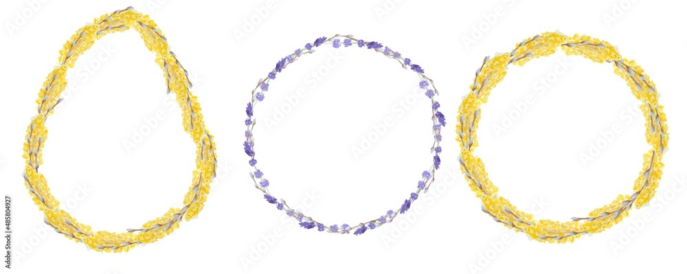 Watercolor illustrations of flowers, tansy, lavender with willow, oval and round decorative frames