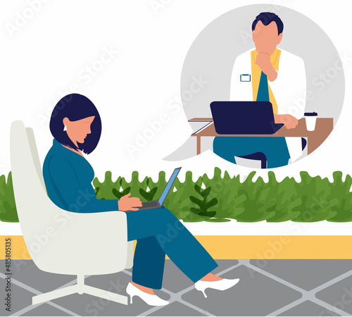 Business woman consults video link with a doctor psychiatrist to relieve illness, depression and constant fatigue caused by burnout. Psychology consultation online. Vector illustration