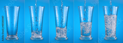 Pouring fresh healthy sparkling water to glass on blue background. Set of images.