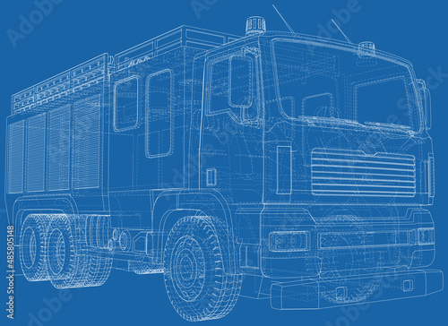 Fire Engine outline vector. Fire truck isolated on blue background.