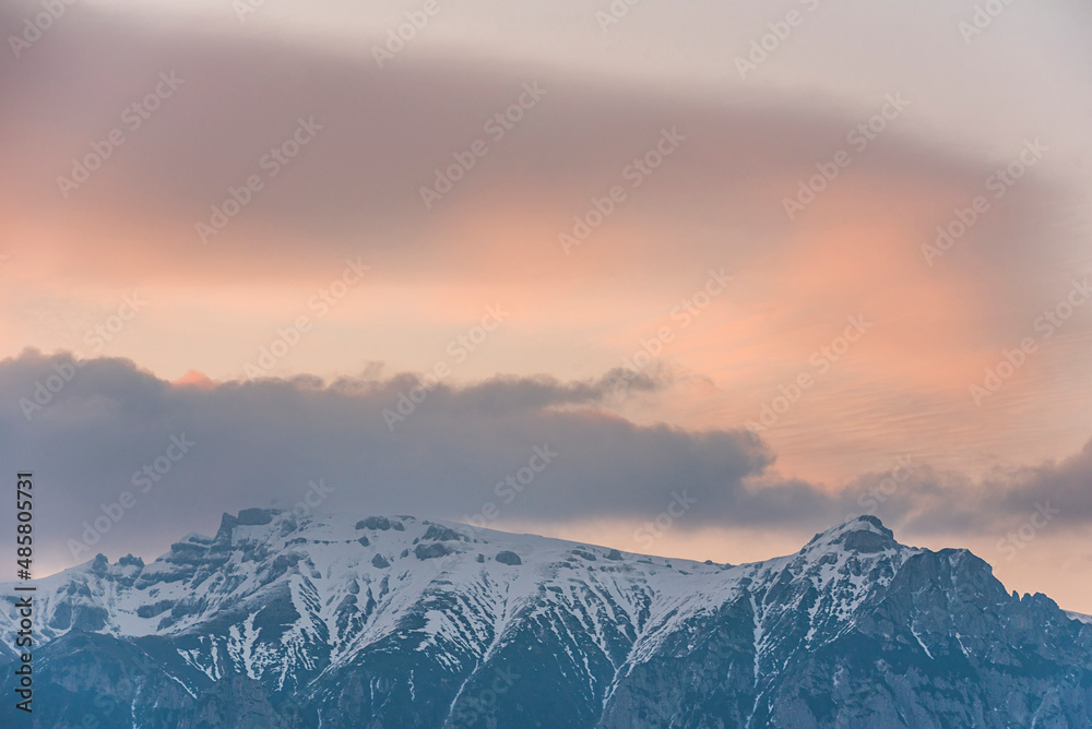 Carpathian Mountains landscape at sunrise near Bran Castle, Transylvania, Romania