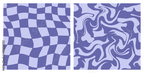 1970 Trippy Grid and Wavy Swirl Seamless Pattern Set in Lavender Very Peri Colors. Hand-Drawn Vector Illustration. Seventies Style, Groovy Background, Wallpaper, Print. Flat Design, Hippie Aesthetic.