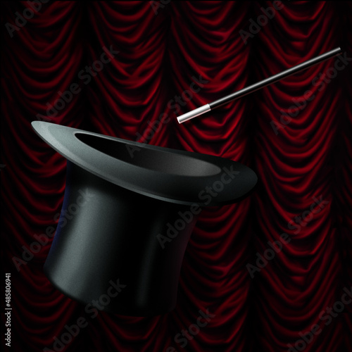 Magic black hat and magic wand isolated on red stage curtain
