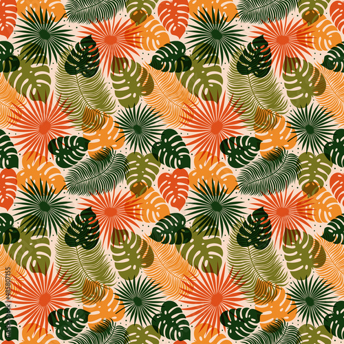 Seamless floral pattern, vector seamless background with summer exotic leaves...