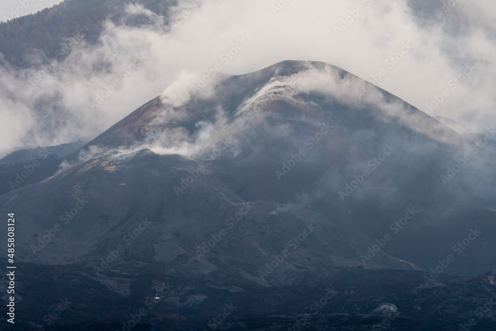 View of the Cumbre Vieja volcano in La Palma island still emitting sulfur gases. 