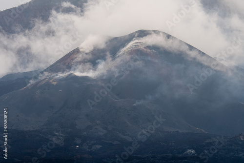 View of the Cumbre Vieja volcano in La Palma island still emitting sulfur gases. 