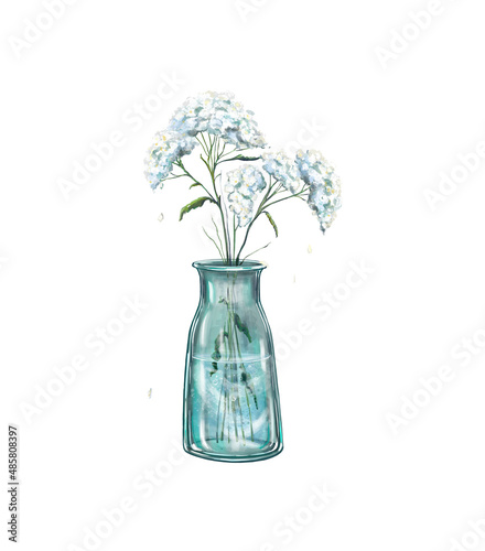 Watercolor white wild flowers Achillea in a glass bottle isolated on a white background. Spring boho bouquet in a vintage vase. Plants. Decorative flora. Hand drawn illustration