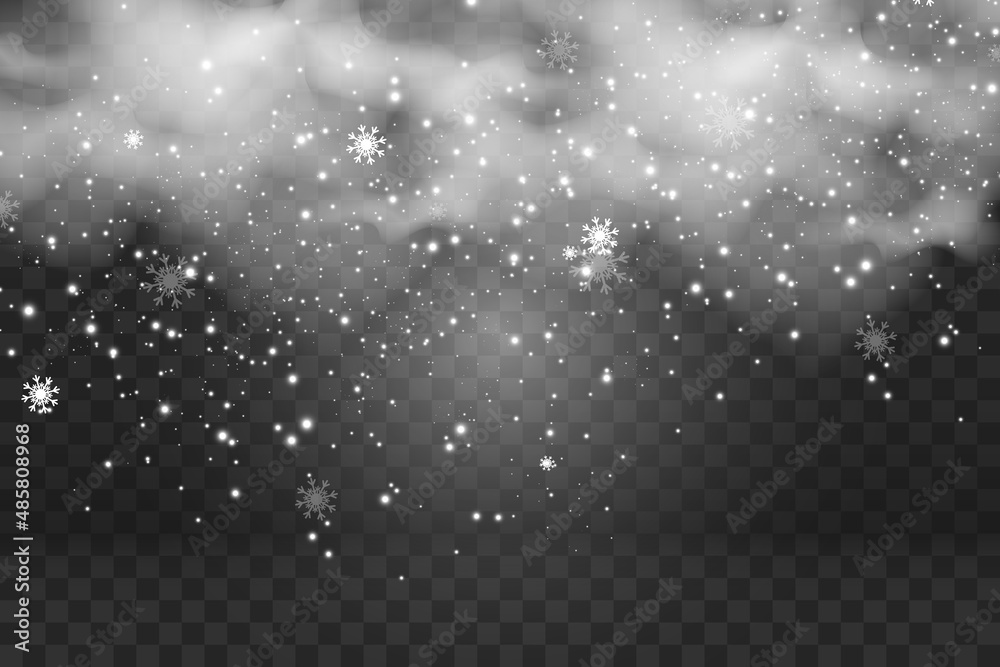 Vector illustration of flying snow on a transparent background.Natural phenomenon of snowfall or blizzard. Vector illustration of flying snow on a transparent background.Natural phenomenon of snowfall or blizzard.