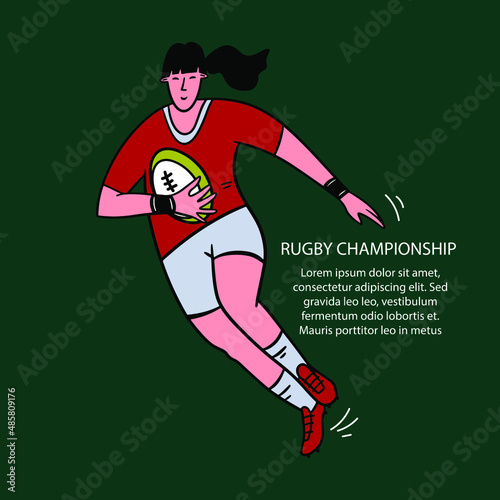 Rugby championship, game flat vector banner template. Competition announcing poster design idea. Woman with ball,  female rugby player with sports facilities cartoon character