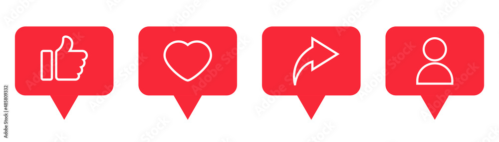 Like, share, user symbol. Thumb up and like heart. Comment and share icon set. Social network buttons. Stock vector illustration Like, share, user symbol. Thumb up and like heart. Comment and share icon set. Social network buttons. Stock vector illustration