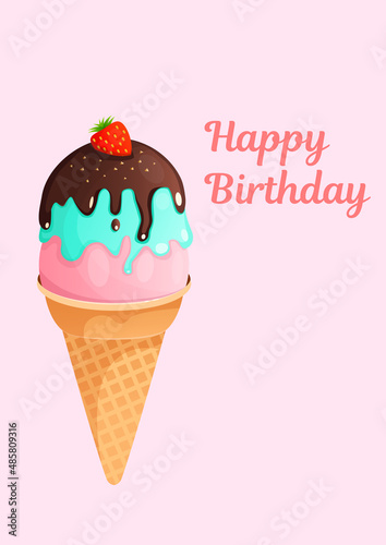 Greeting card birthday and another holiday on a pink background. A4 format greeting card template. illustration text can be added, changed. Ice cream for a greeting card, menu, advertisement.