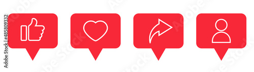 Like, share, user symbol. Thumb up and like heart. Comment and share icon set. Social network buttons. Stock vector illustration