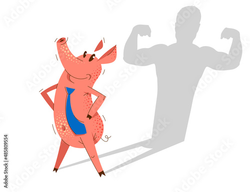 Funny cartoon businessman pig wearing a tie and stands confident like a superhero, business man swine humorous illustration, animal character drawing vector.