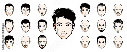 Handsome men faces and hairstyles heads vector illustrations set isolated on white background, guy happy attractive beautiful faces avatars collection with different haircuts.