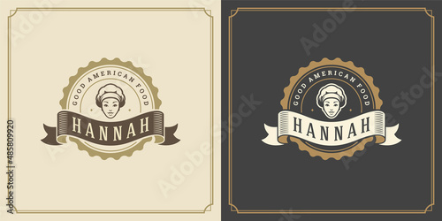 Restaurant logo design vector illustration chef woman face in hat silhouette