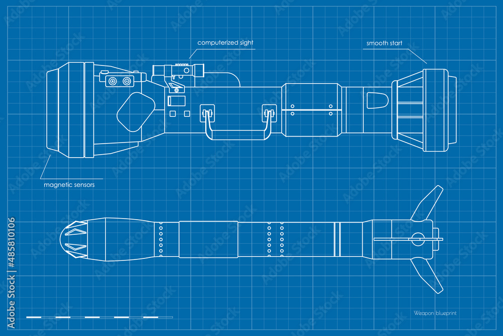 Outline rocket launcher side view. Contour antitank rifle blueprint. Isolated missile weapon drawing. Anti-tank military gun. Armed hand grenade