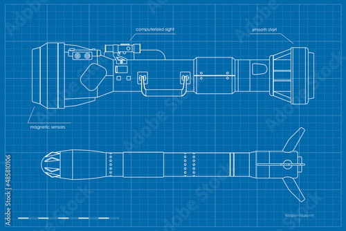Outline rocket launcher side view. Contour antitank rifle blueprint. Isolated missile weapon drawing. Anti-tank military gun. Armed hand grenade
