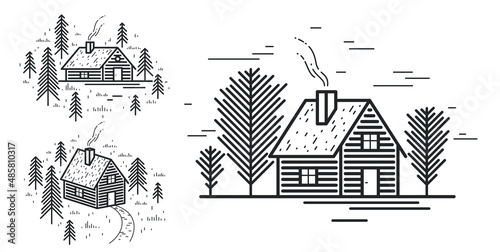 Cabin in woods pine forest linear vector nature illustration isolated on white, log cabin cottage for rest, holidays and vacations theme line art drawing, beauty in nature, woodhouse resort.