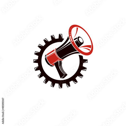 Vector winged illustration composed with megaphone equipment surrounded by engineering cog wheel. Proletarian revolution abstract sign, political propaganda.
