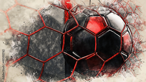 Foto Black-red soccer ball and red goal net illustration combined pencil sketch and watercolor sketch