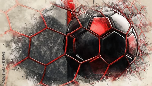 Obraz Black-red soccer ball and red goal net illustration combined pencil sketch and watercolor sketch. 3D illustration. 3D CG. High resolution.