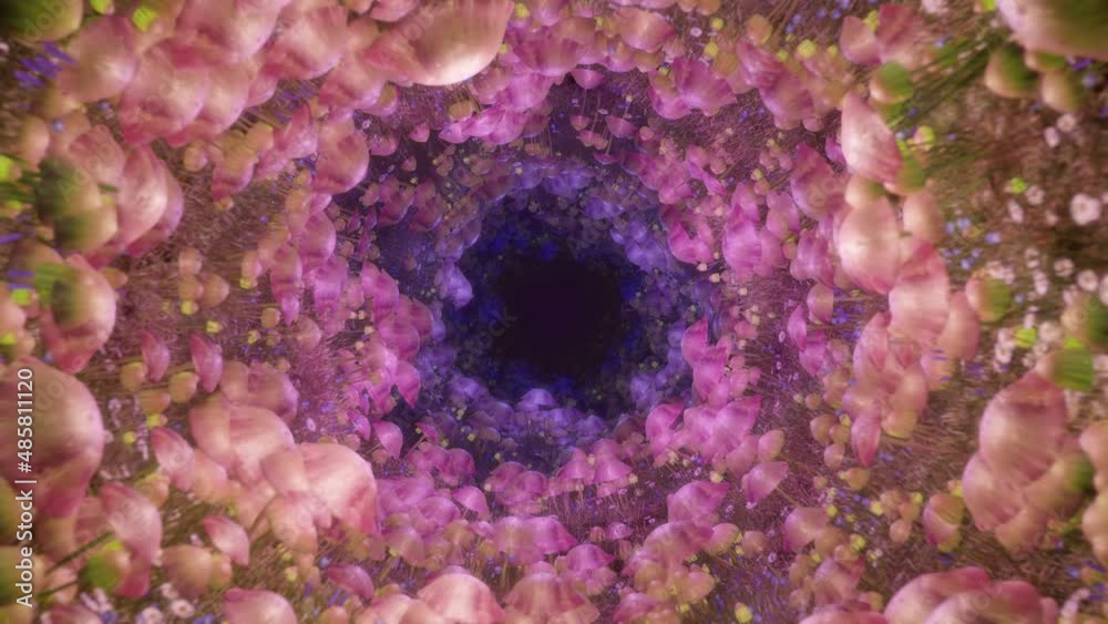 Trippy psychedelic magic mushrooms fly tunnel art animation for beautiful music background. Open your third eye