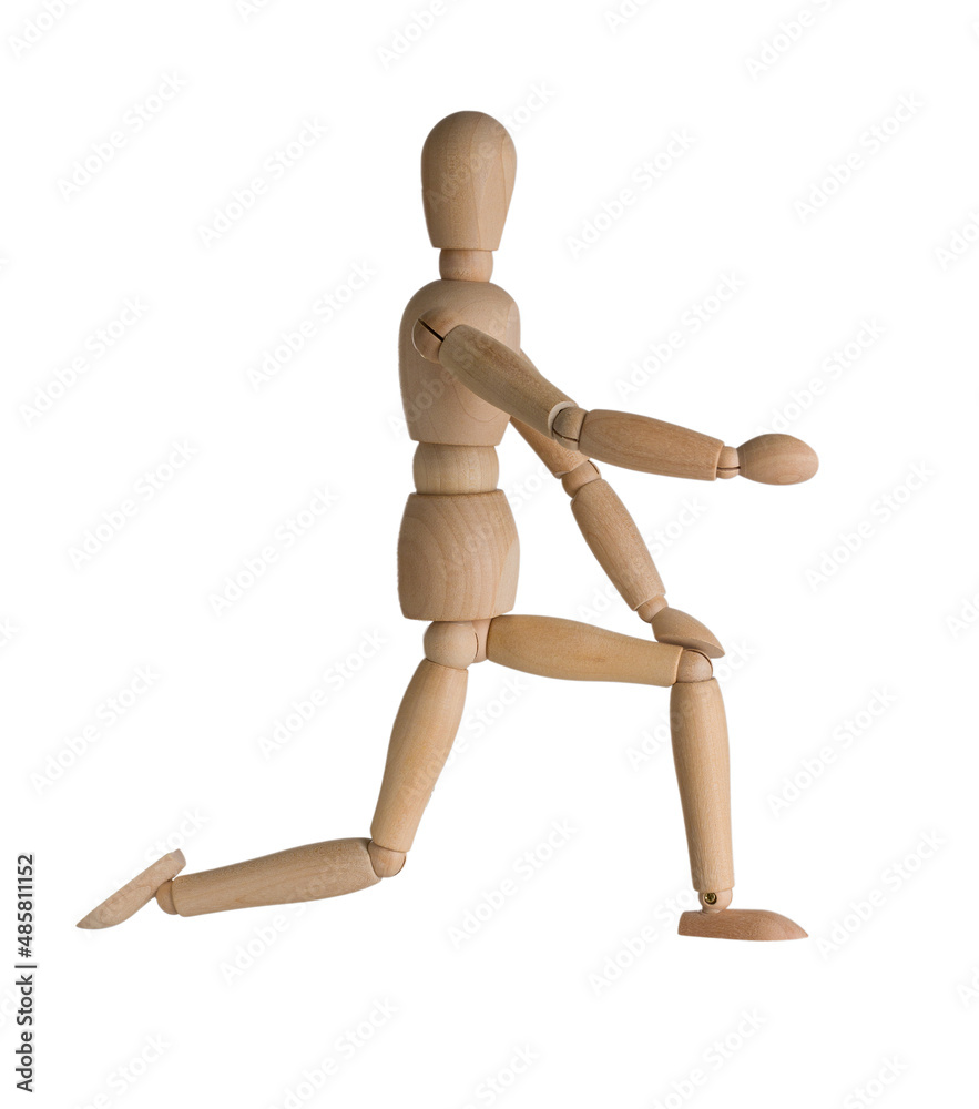 wooden mannequin stands on one knee and stretches one hand forward, isolated on white background, concept of marriage proposal