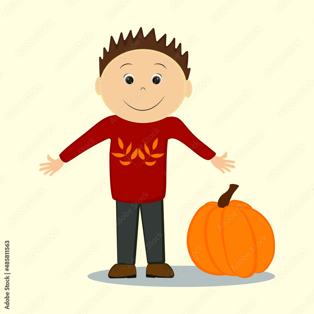 Smiling boy in red sweater with yellow leaves stretches out his arms for a hug. Welcome the harvest. Large pumpkin. Autumn. Vector illustration Smiling boy in red sweater with yellow leaves stretches out his arms for a hug. Welcome the harvest. Large pumpkin. Autumn. Vector illustration