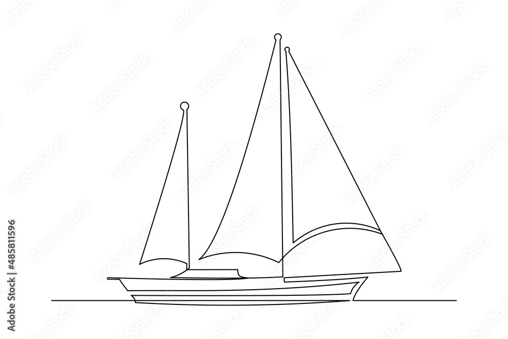 Continuous singe one line art drawing of sail boat fishing sport ship vector illustration