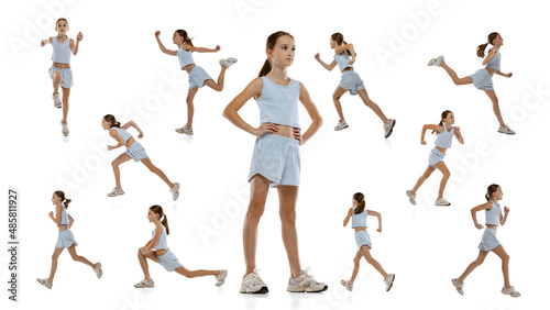 Portrait of girl, teenager in blue sportswear training, running isolated over white background. Collage