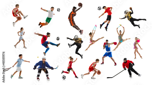 Collage of young people  children  sportsmen posing in action isolated over white background