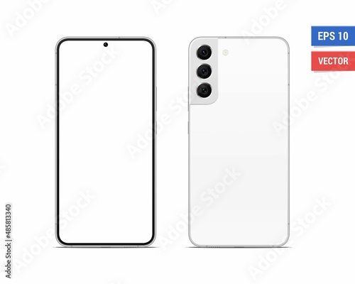 Realistic vector flat mock-up Samsung Galaxy S22 Plus with blank screen isolated on white background. Scale image any resolution photo