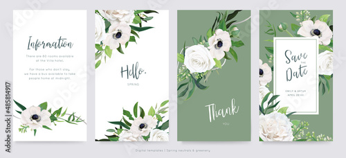 Neutral vector digital floral wedding invite, invitation, save the date card set. Spring white rose flowers, anemone, delicate lilac branches, tender green eucalyptus leaves decorative bouquet frame, 