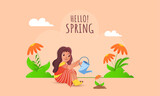 Hello Spring Background With Cute Girl Giving Water To Daisy Flower Plants In Peach Color.