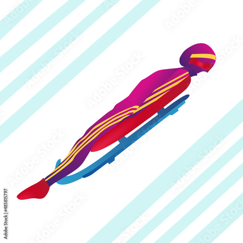UI design of an abstract man riding a two-strip sled on an ice chute on blue background. luge