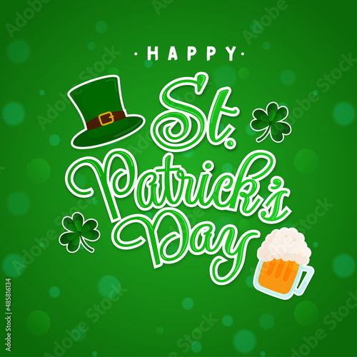 Sticker Style Happy St. Patrick s Day Font With Leprechaun Hat  Shamrock Leaves And Beer Mug On Green Blur Bokeh Background.