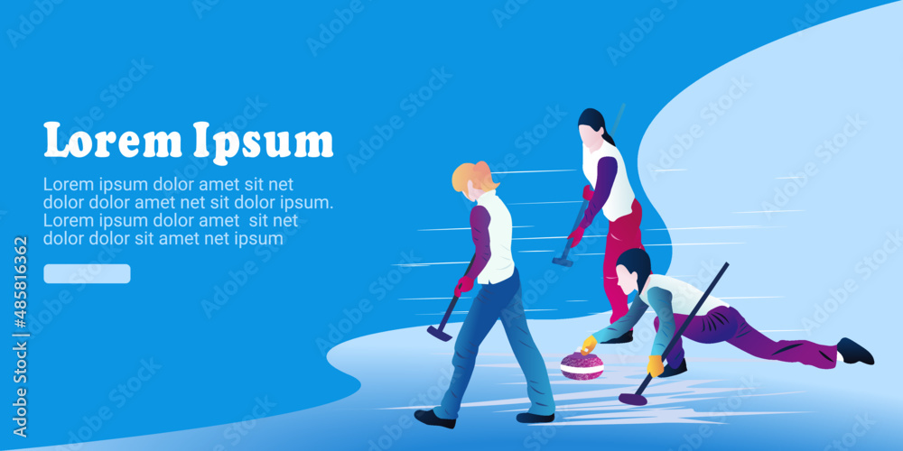 Cartoon illustration of an abstract team playing on a rectangular sheet of ice on a blue background. Curling Cartoon illustration of an abstract team playing on a rectangular sheet of ice on a blue background. Curling