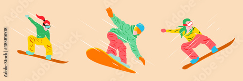 Vector illustration of a girl in the mountains, nimbly snowboarding. 