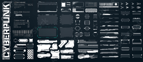 Big set of Sci Fi modern user interface elements. futuristic abstract HUD  frame screen, button, loading, text isolated on black background. GUI elements for game. Data information infographic. Vector