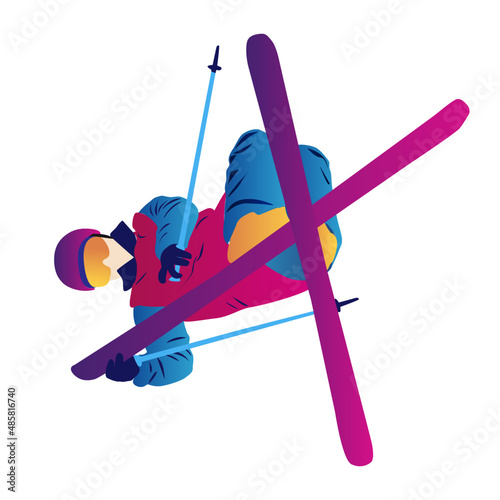 Cartoon illustration of an abstract man ski jumping on a blue background. Ski Jumping, Freeski Big Air, Freeski Halfpipe
